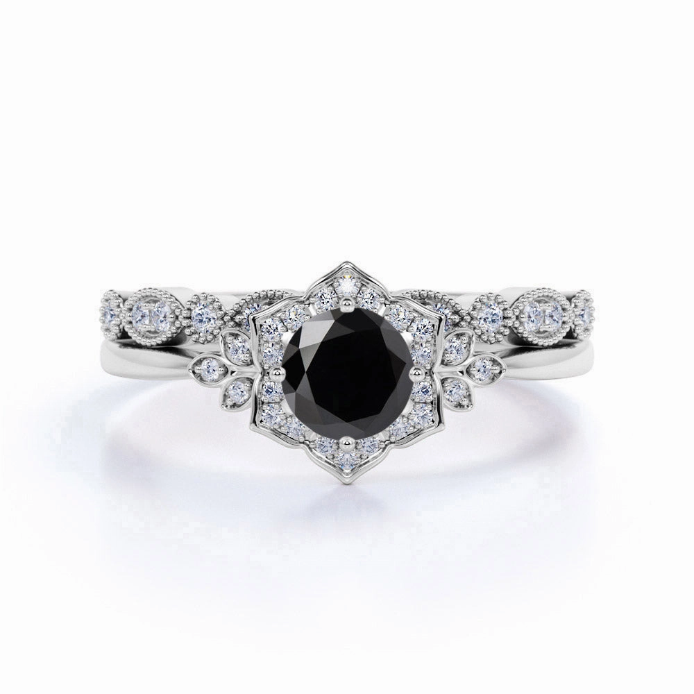 1.50 ct Round Lab Black Diamond Pave Bridal Set Bridal Gift