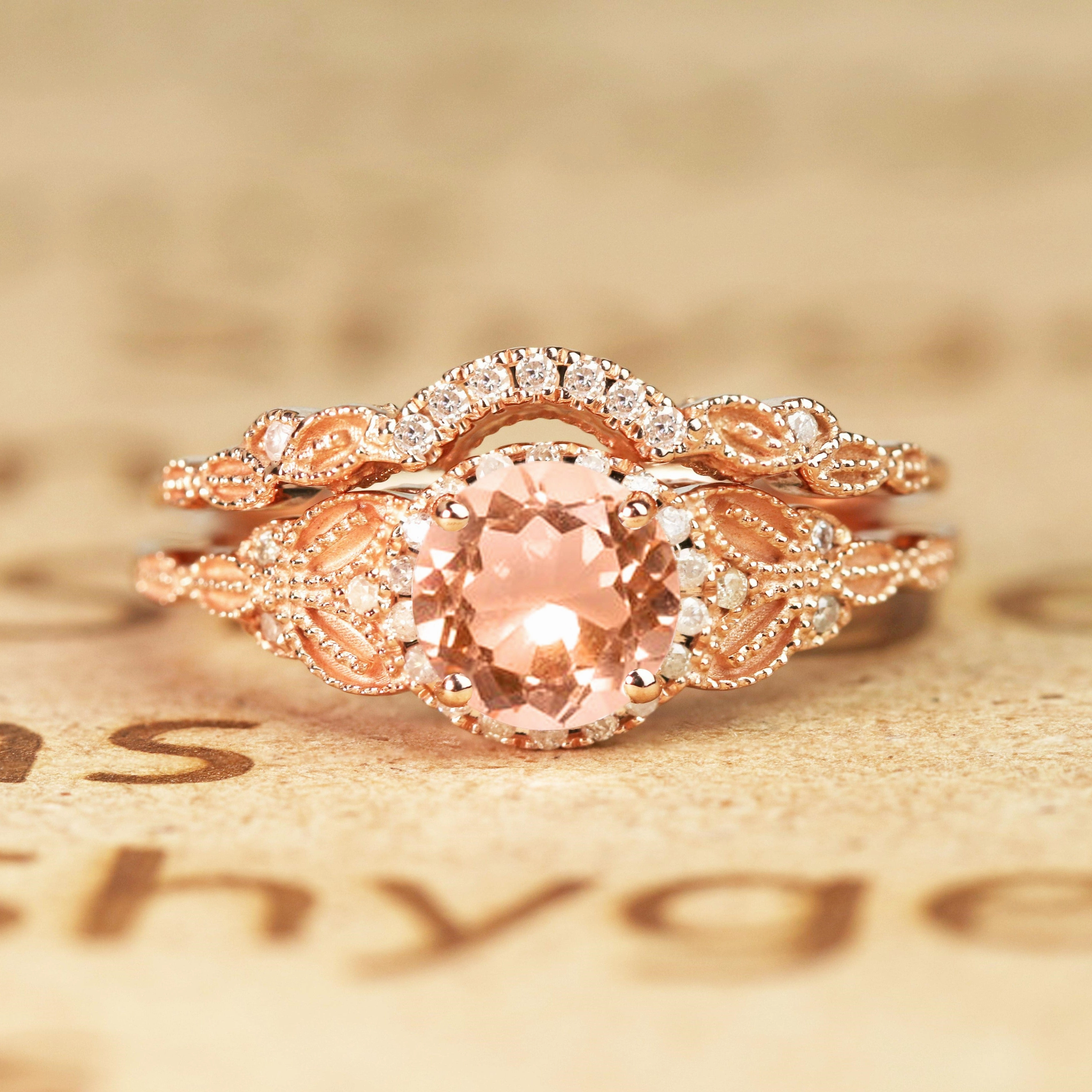 1.50 ct Round Morganite Halo Art Deco Wedding Ring Set Organic Material HighEnd Decoration