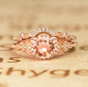 1.50 ct Round Morganite Halo Art Deco Wedding Ring Set Excellent product Glam Touch