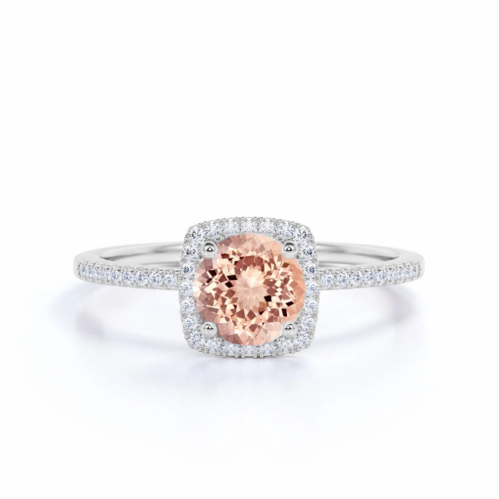 Bridal Shower 1.50 ct Round Morganite Halo Pave Engagement Ring