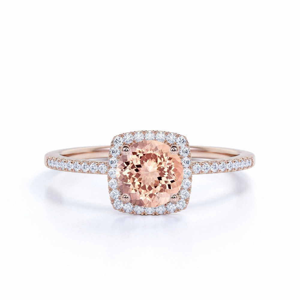 1.50 ct Round Morganite Halo Pave Engagement Ring Gift Ready
