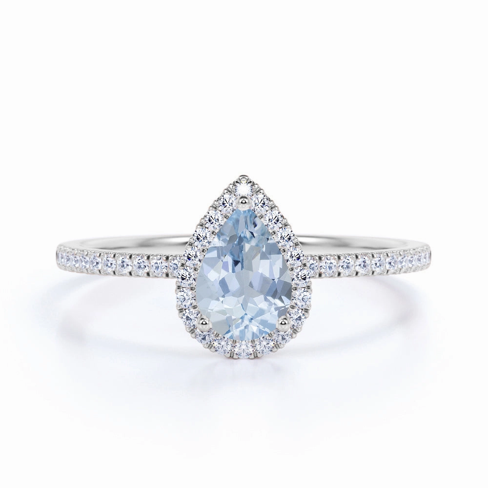 Unique Craft 1.50 ct Teardrop Aquamarine Halo Engagement Ring