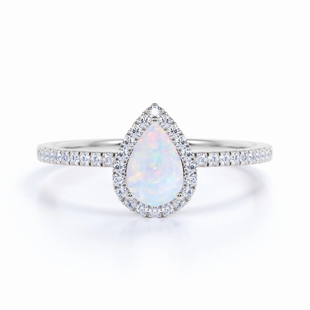 1.50 ct Vintage Pear Shaped Opal and Moissanite Halo Wedding Ring in 18K White Gold over Silver Unique Statement