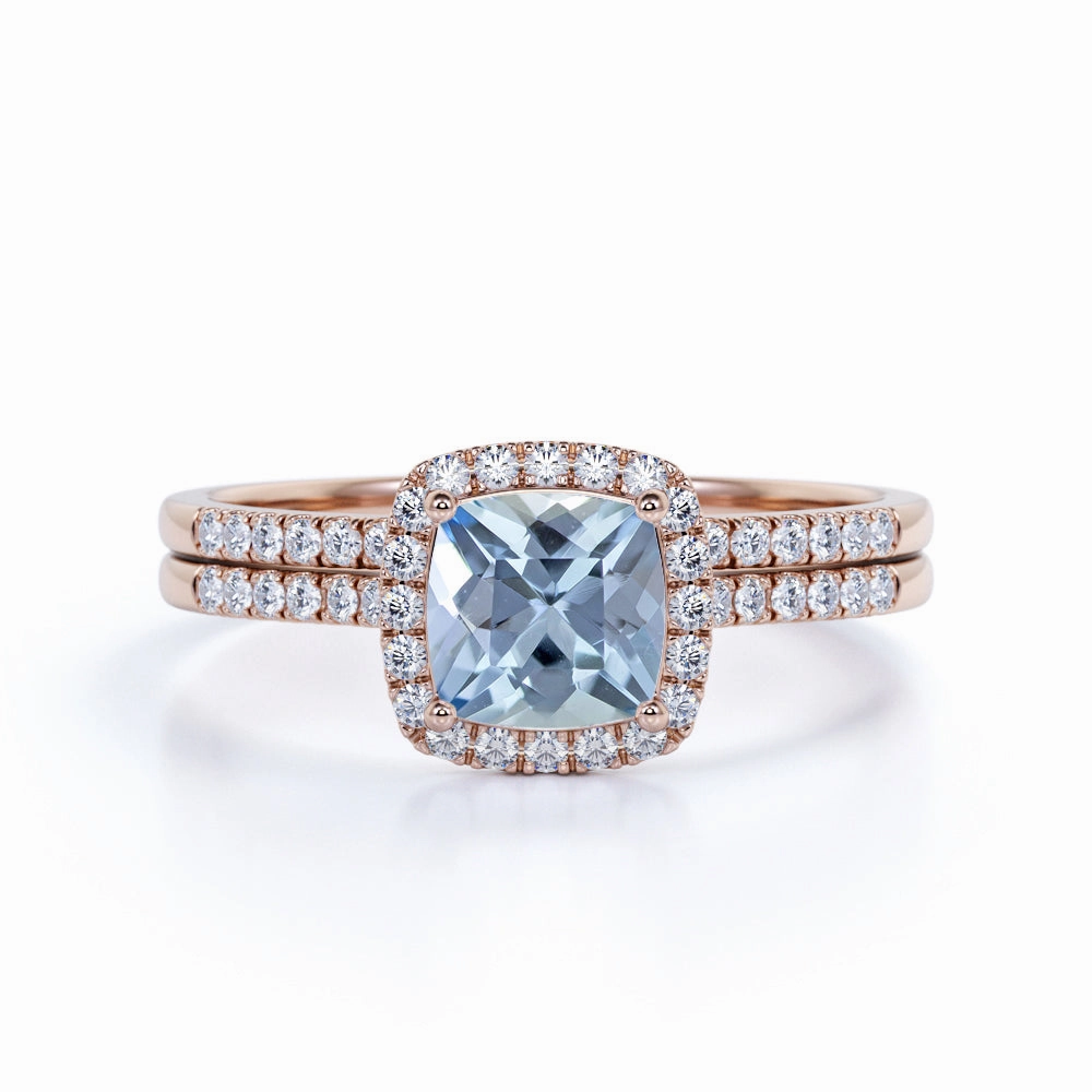 Fun Gift Customer Favorite 1.55 ct Cushion Aquamarine Halo Bridal Set