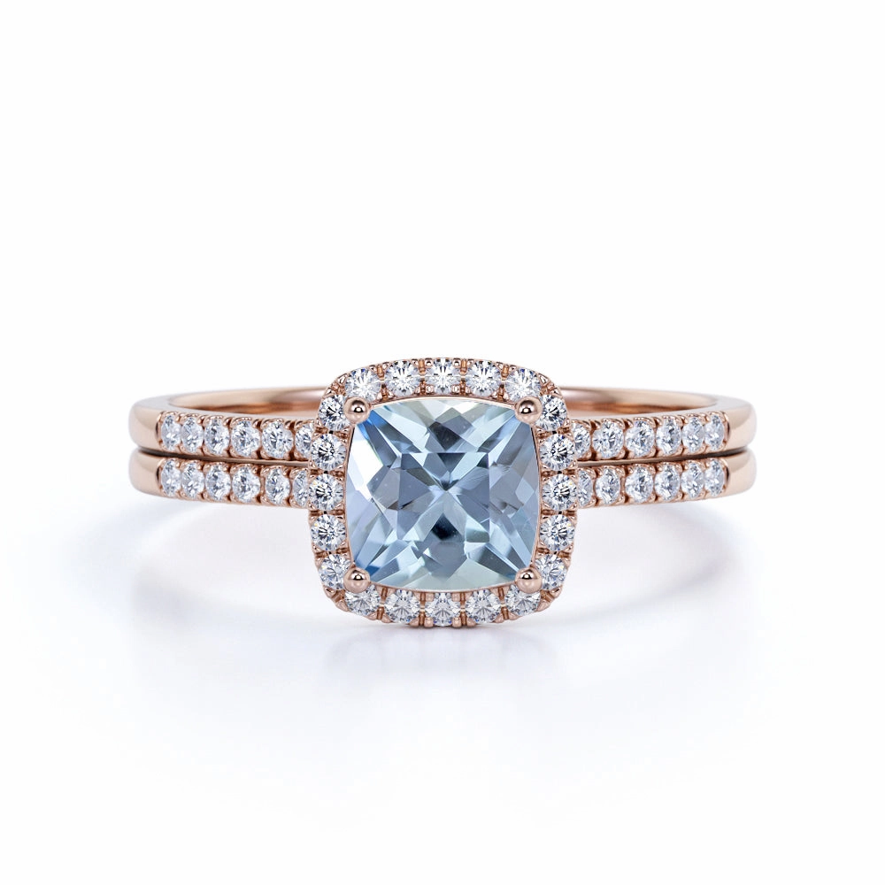 Unique Expression Fashion Treat 1.55 ct Cushion Aquamarine Halo Bridal Set