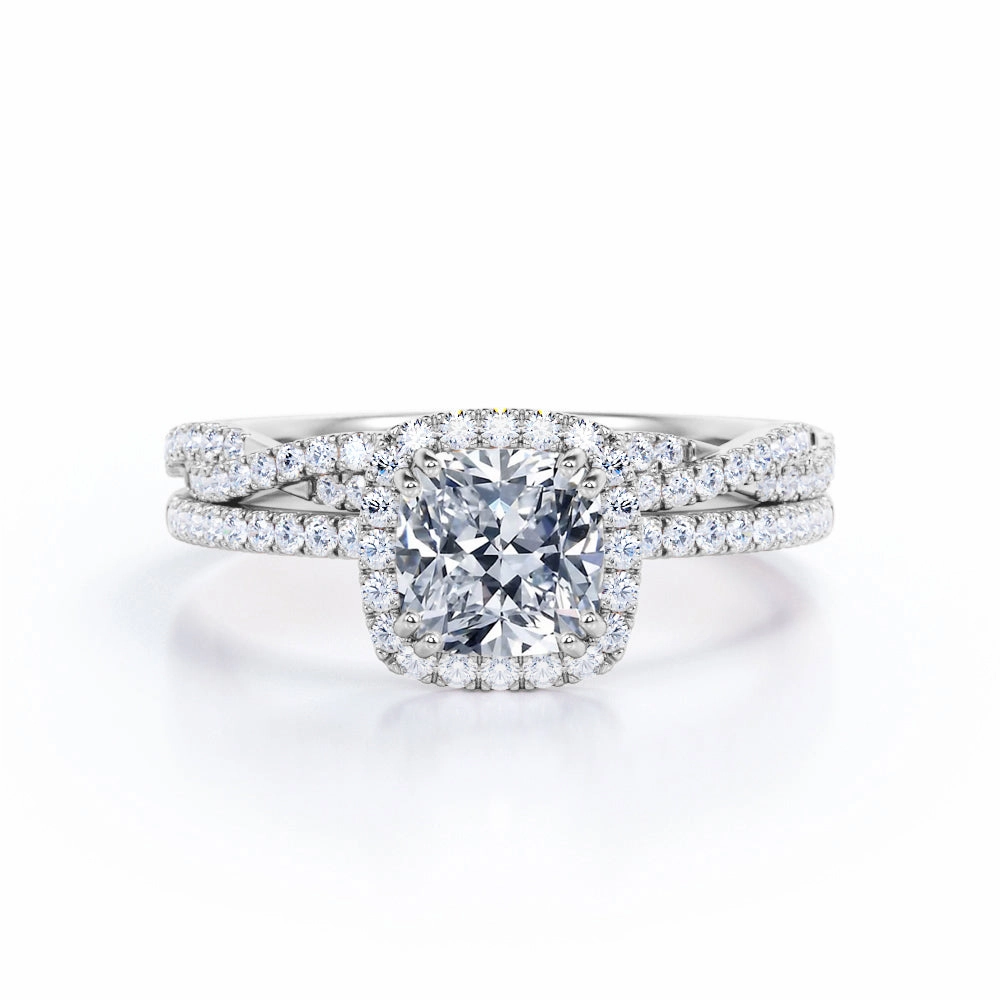 1.5 Carat Cushion Cut Moissanite And Diamond Halo Bridal Set In White Gold Dramatic Detail
