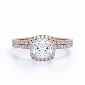 Stylish Keepsake Premium Set 1.5 Carat Cushion Cut Moissanite Bridal Set in 18k Rose Gold Over Silver Art Deco Ring