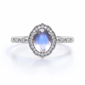 1.5 ct Oval Blue Moonstone Halo Engagement Ring Artisan Finish