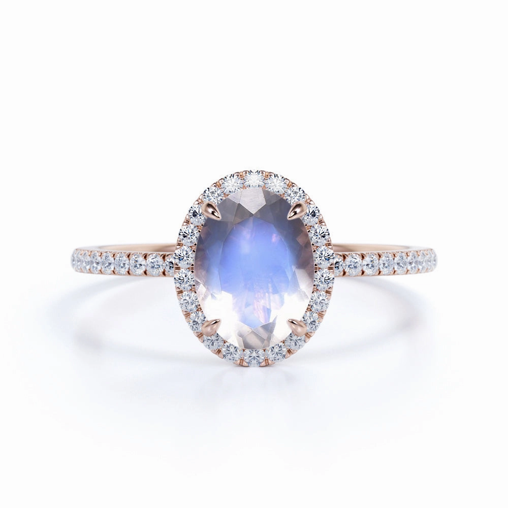 1.5 ct Oval Rainbow Moonstone Halo Engagement Ring Wonderful Symbol