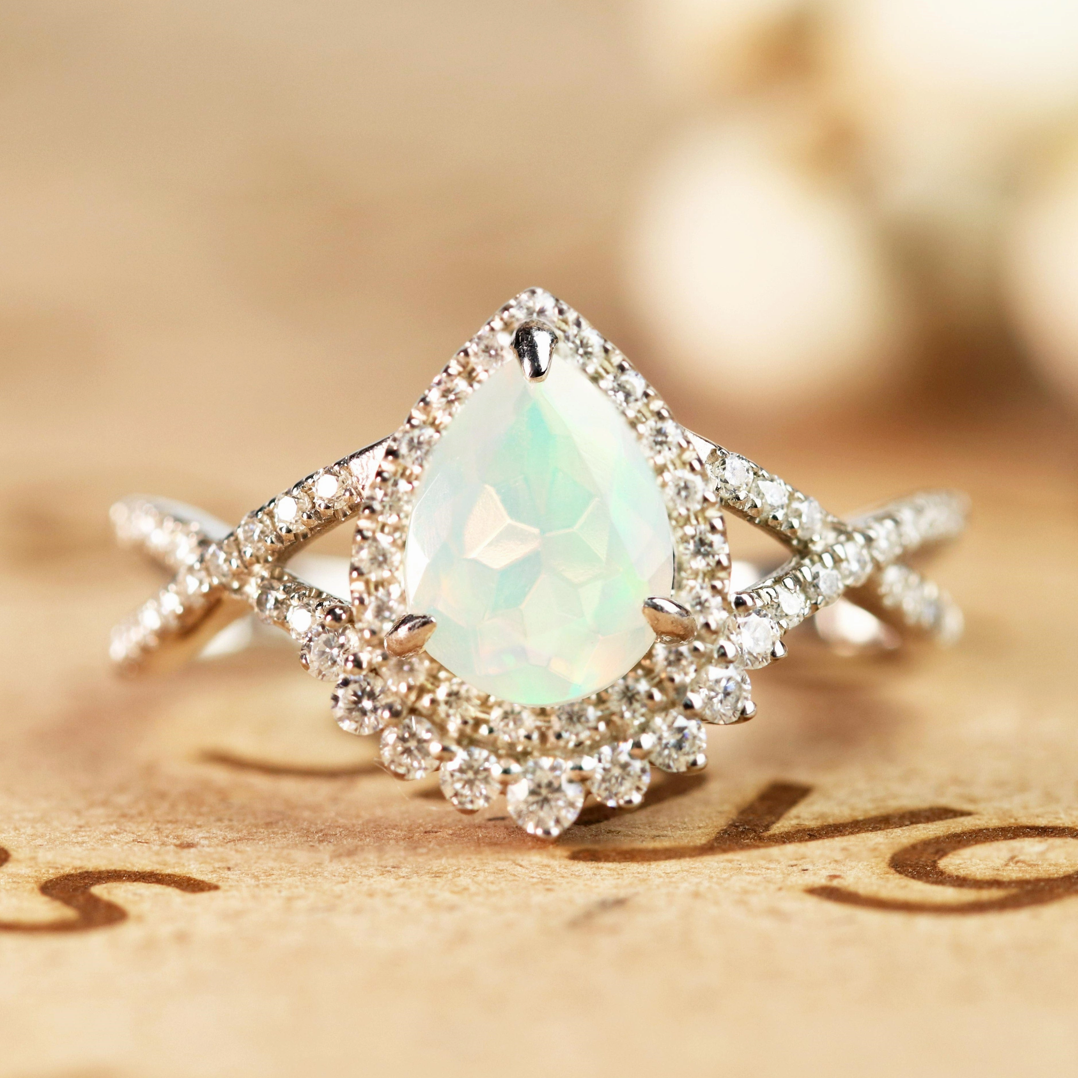 1.5 Ct Pear Cut Lab Created Opal Antique Engagement Ring Glam Detail Figurative Art