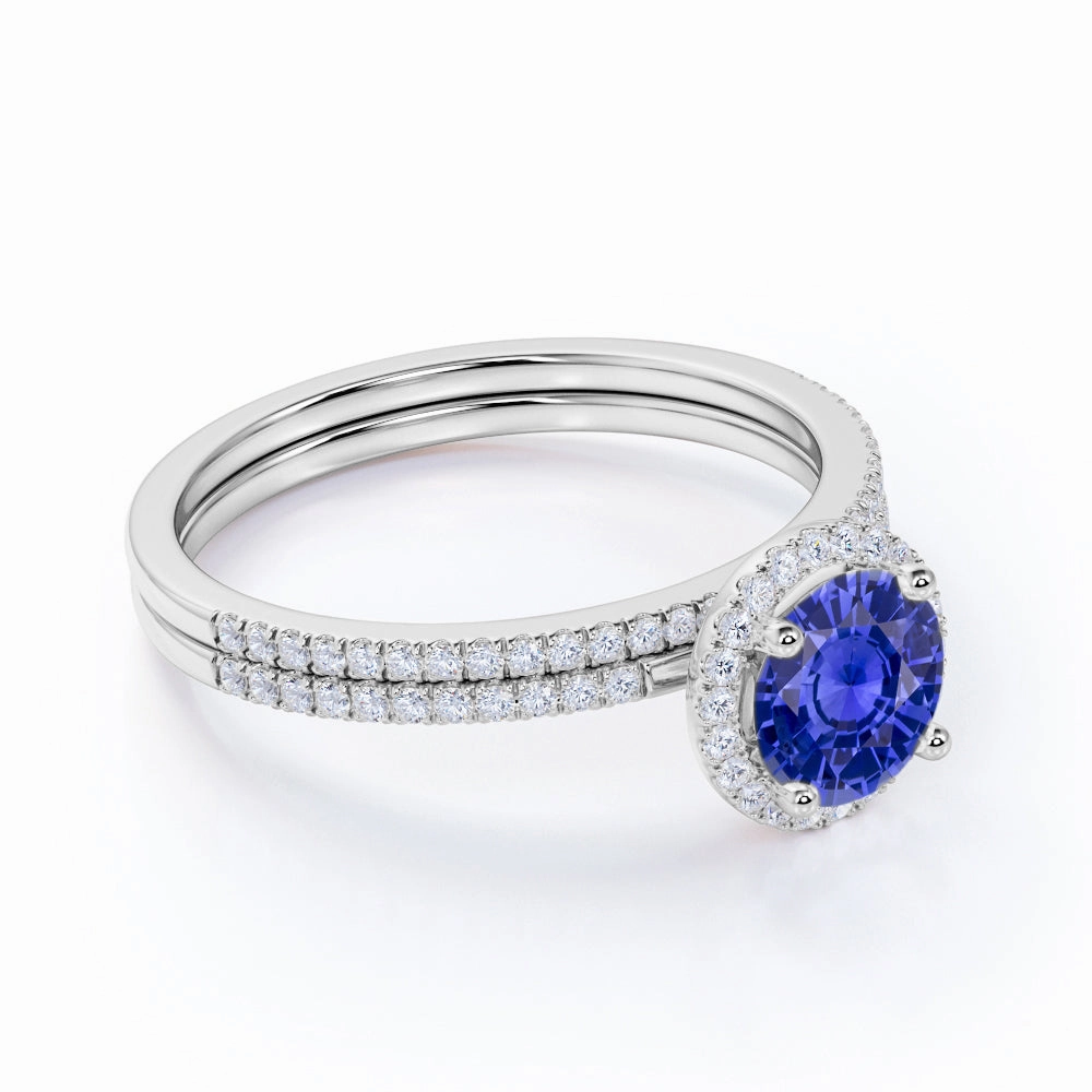 Shimmer Mood 1.5 Ct Round Cut Lab Sapphire Halo Wedding Ring Set