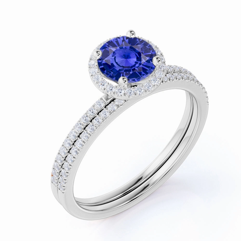 Daily Wear Cultural Heritage 1.5 Ct Round Cut Lab Sapphire Halo Wedding Ring Set