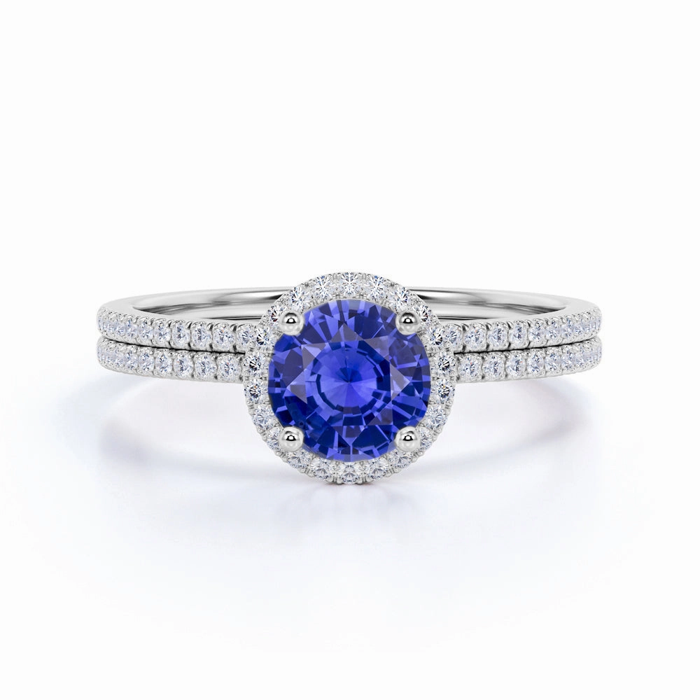 Low-Cost Symbol Designer Jewelry 1.5 Ct Round Cut Lab Sapphire Halo Wedding Ring Set