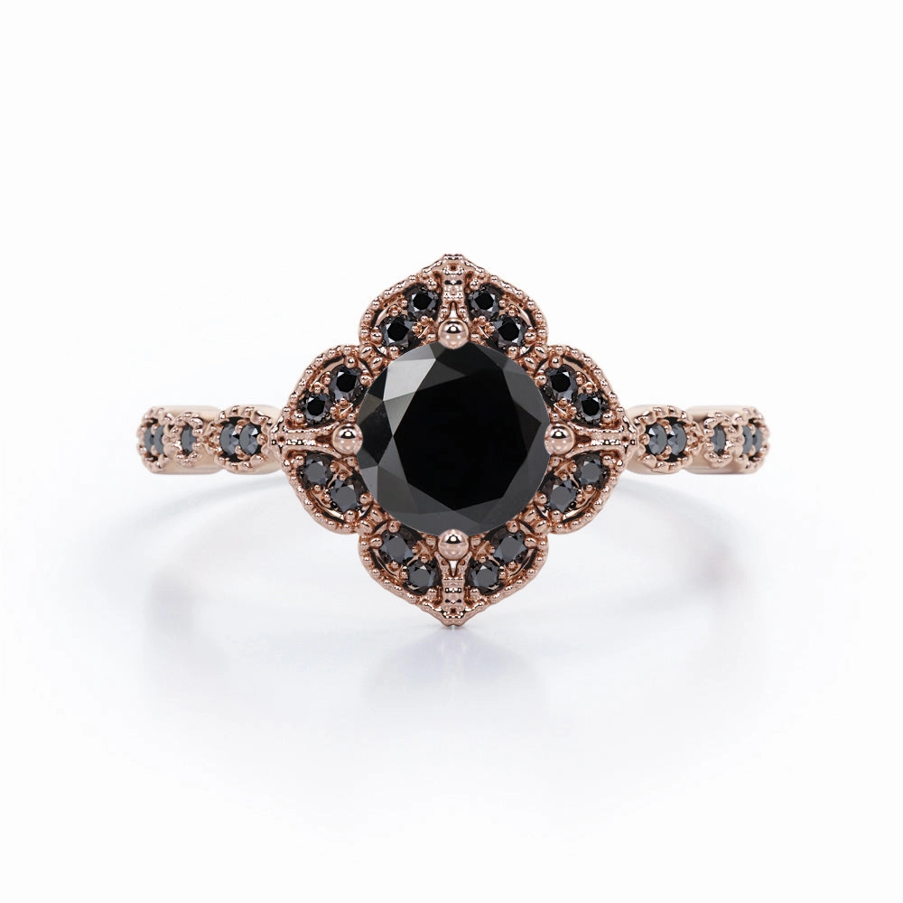 1.5 ct Round Lab Black Diamond Vintage Flower Engagement Ring Fine Object