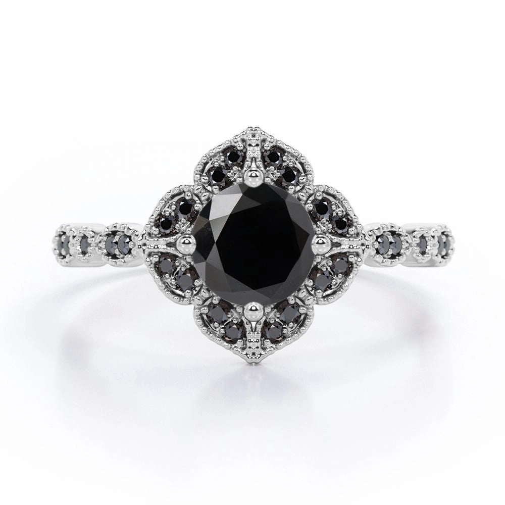 1.5 ct Round Lab Black Diamond Vintage Flower Engagement Ring Everyday Sparkle
