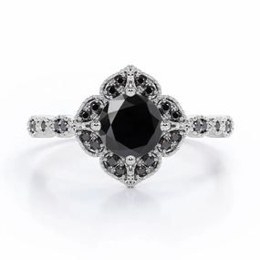 1.5 ct Round Lab Black Diamond Vintage Flower Engagement Ring Everyday Sparkle