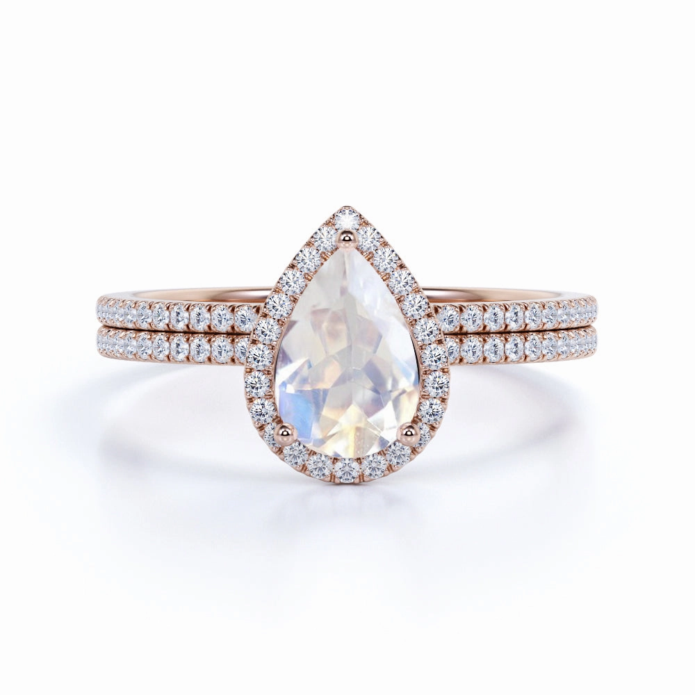 1.5 ct Teardrop Moonstone Halo Bridal Set Strong Item Affordable Adornment