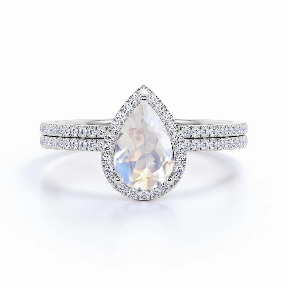 Vintage Reproduction Charming Accent 1.5 ct Teardrop Moonstone Halo Bridal Set