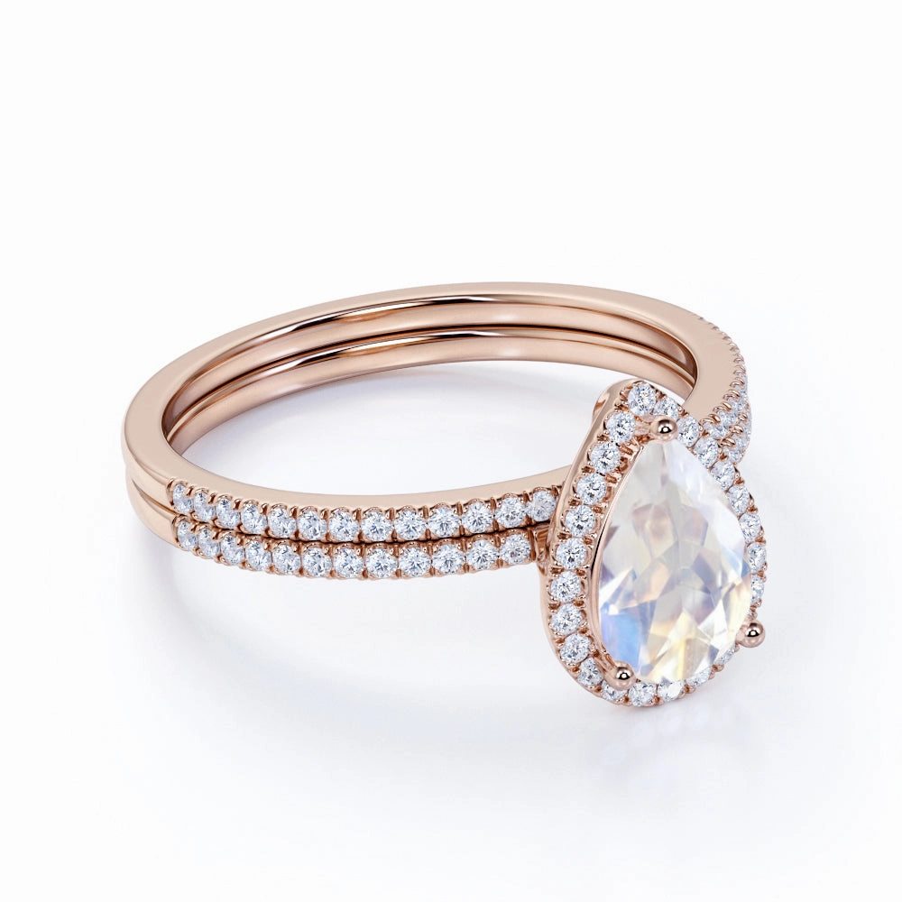 1.5 ct Teardrop Moonstone Halo Bridal Set Pastel Shade