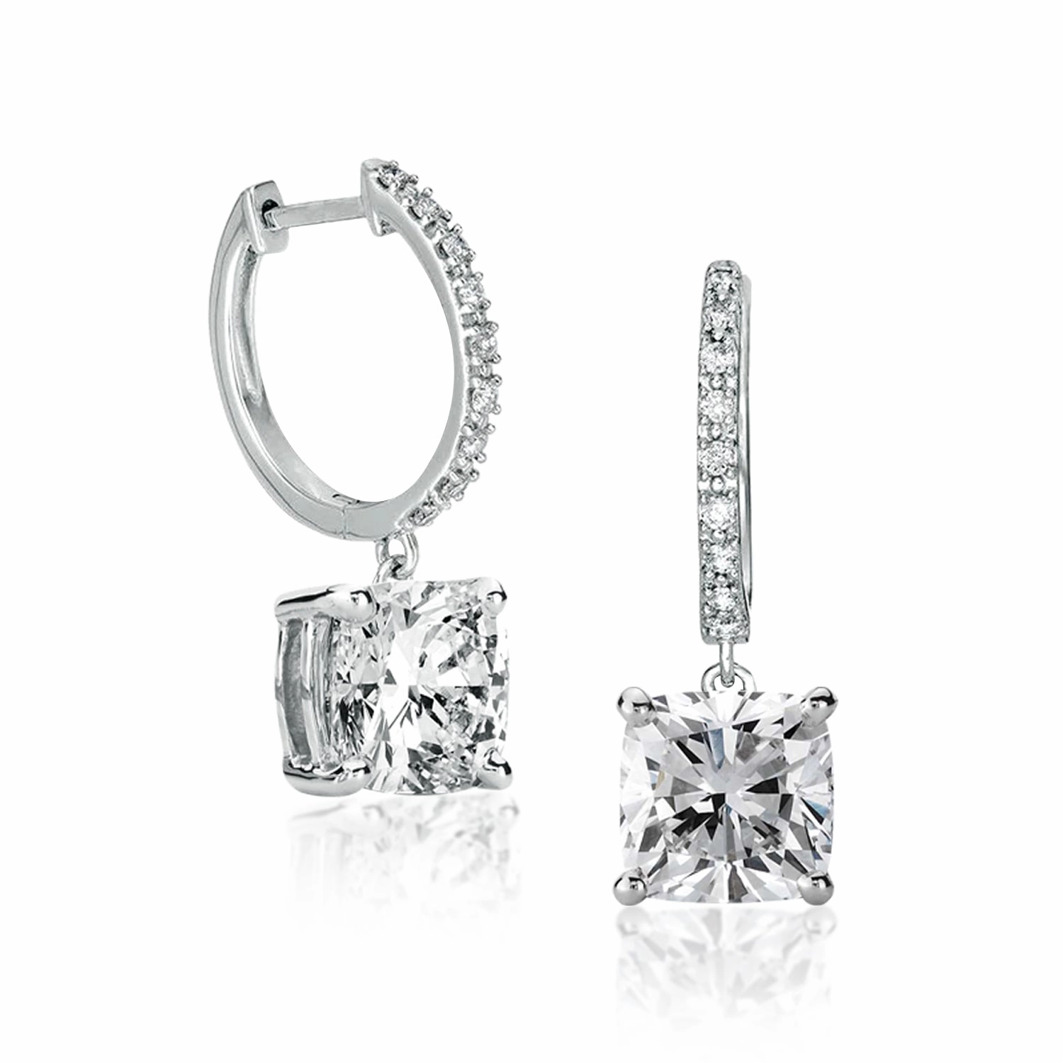 1.75 Carat Cushion Cut Moissanite Hoop Earrings Pave Set with Charm in 18K White Gold over Silver Petite Embellishment Gorgeous Adornment