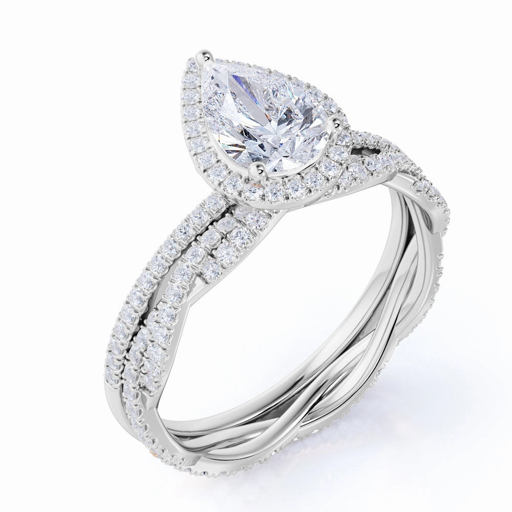 1.75 Carat pear cut Moissanite and Diamond Halo Bridal Wedding Ring Set in 10k White Gold Lightweight Craft