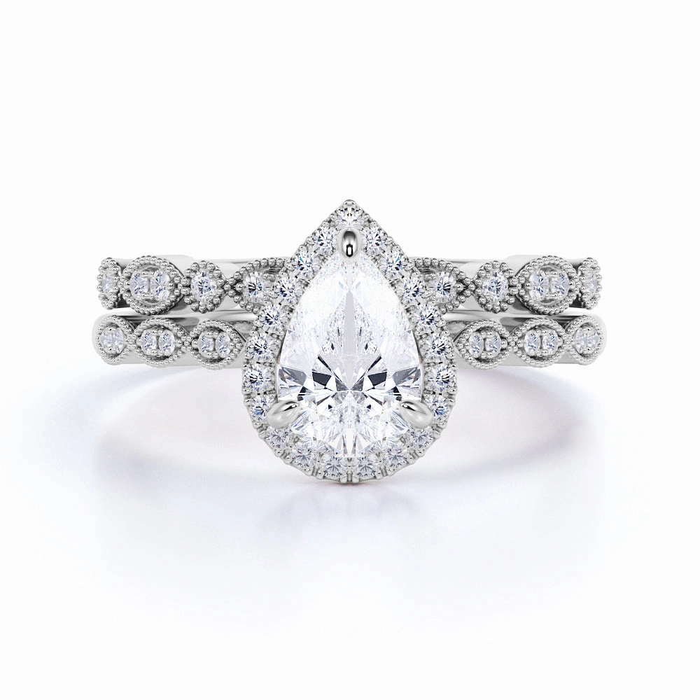 Casual Texture 1.75 Carat pear cut Moissanite Halo Wedding Set in 18k White Gold Over Silver