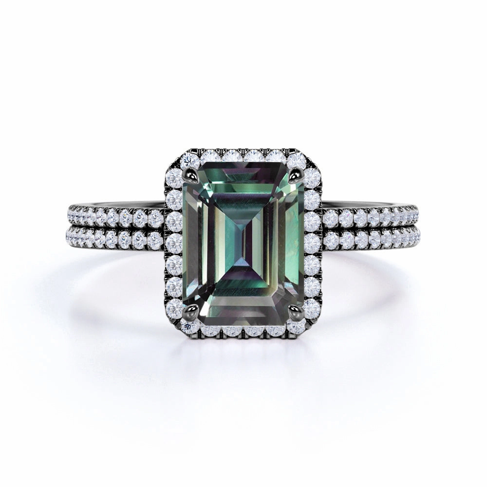 1.75 Ct Emerald Cut Lab Alexandrite Halo Pave Bridal Set Wonderful Gift Environmentally Safe