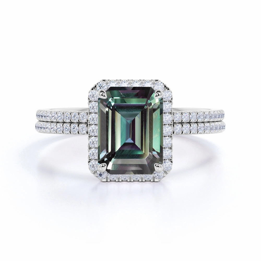 1.75 Ct Emerald Cut Lab Alexandrite Halo Pave Bridal Set Bold Gift