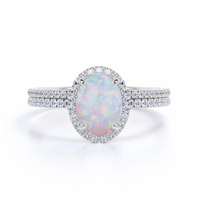 Refined Contour 1.75 ct Halo Oval Cut Fire Opal and Moissanite Antique Wedding Ring Set in 18K White Gold over Silver