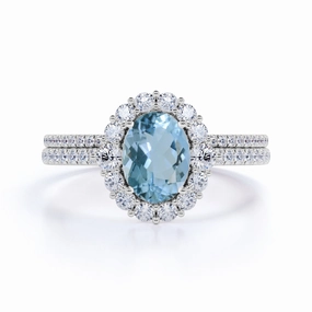 Affordable price Casual Flow 1.75 ct Oval Aquamarine Halo Wedding Ring Set