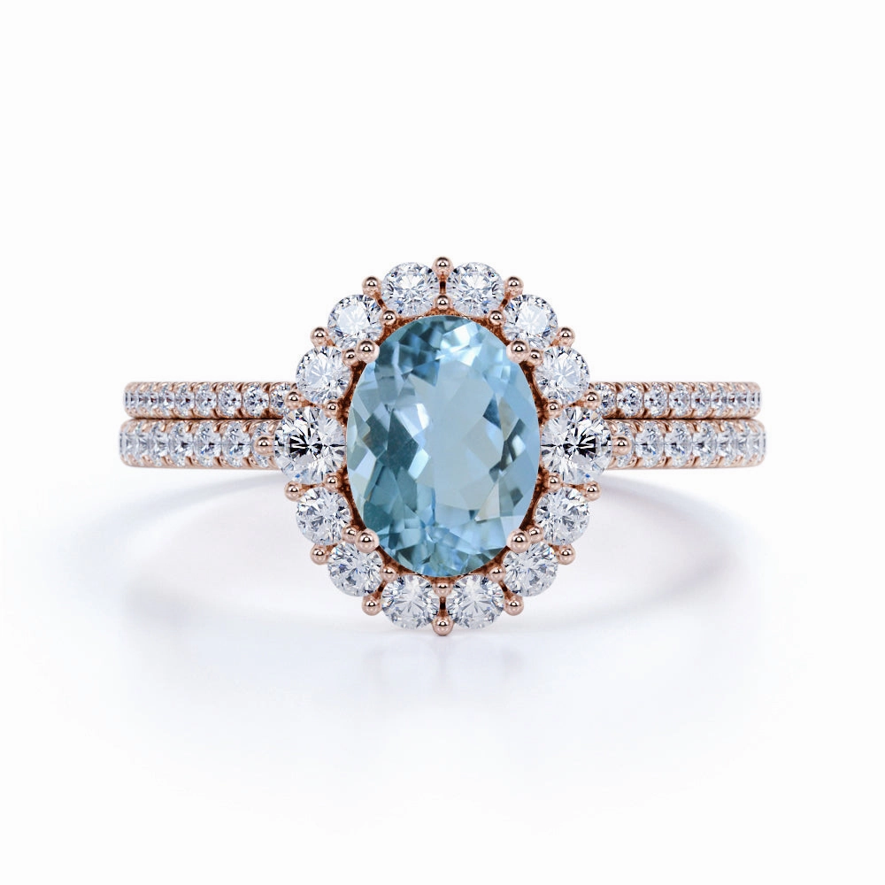 1.75 ct Oval Aquamarine Halo Wedding Ring Set Hypoallergenic Work