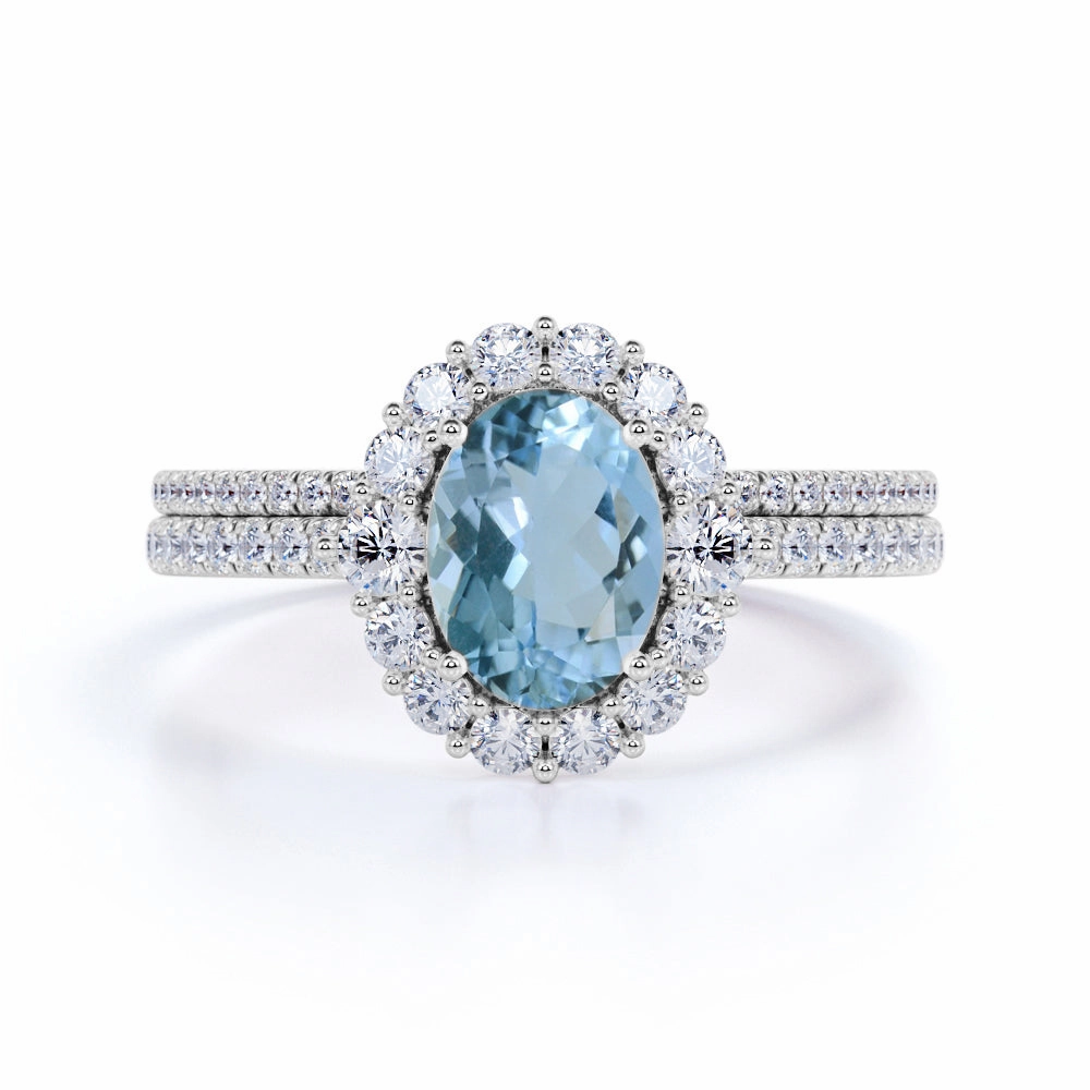 Affordable price Casual Flow 1.75 ct Oval Aquamarine Halo Wedding Ring Set