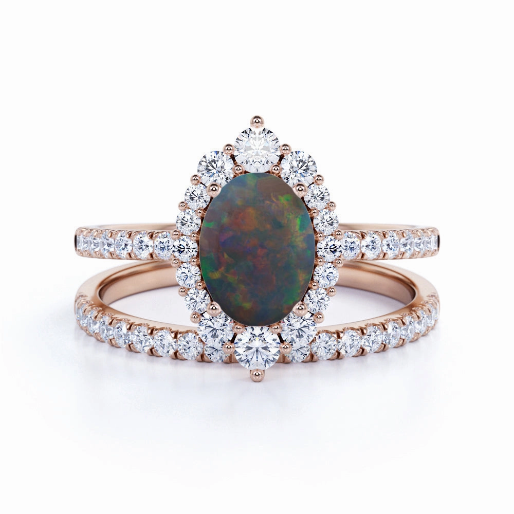 1.75 Ct Oval Cut Lab Created Opal Halo Wedding Ring Set Dramatic Effect refined design