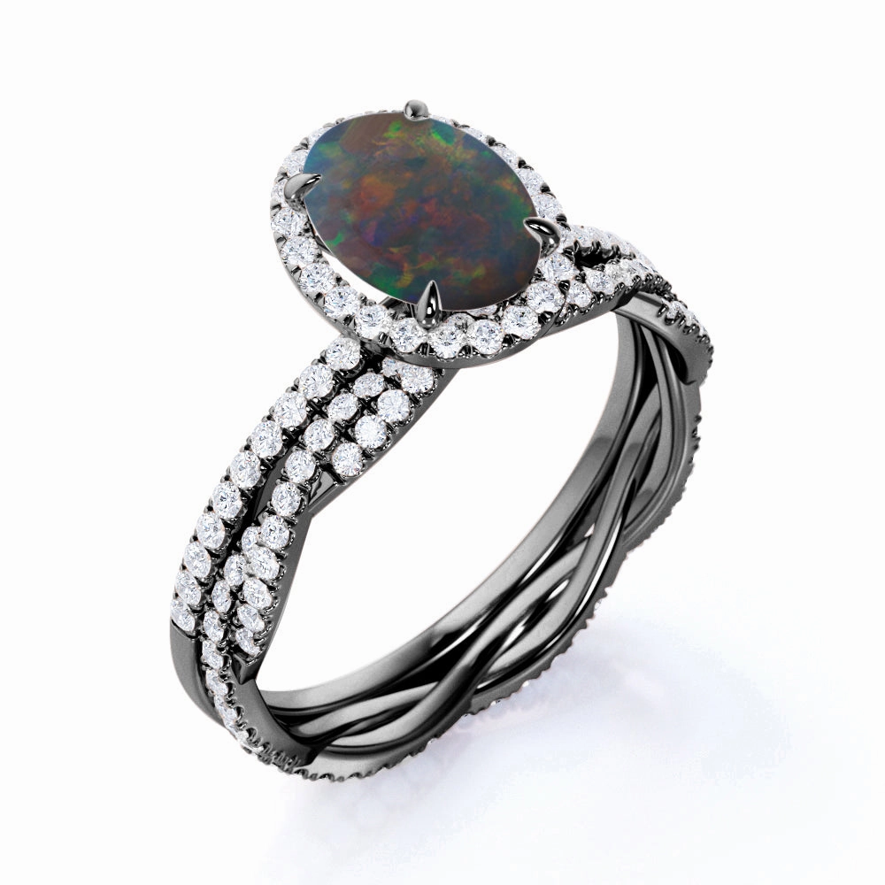 Rough Use Sweetheart Gift 1.75 Ct Oval Cut Lab Created Opal Twisted Wedding Ring Set