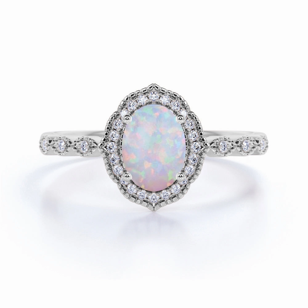 Holiday Festivity 1.75 Ct Oval Cut Lab Created Opal Vintage Engagement Ring