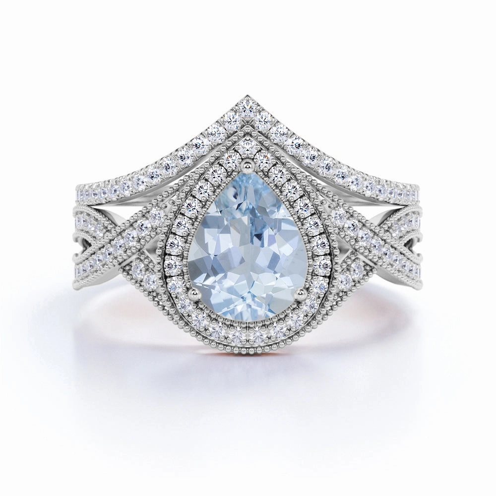 Youth Present 1.75 ct Pear Aquamarine Infinity Halo Wedding Ring Set