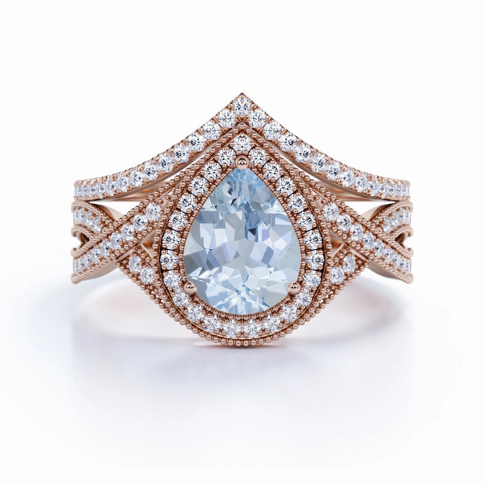 1.75 ct Pear Aquamarine Infinity Halo Wedding Ring Set Special Appearance Comfortable Product