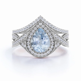 Youth Present 1.75 ct Pear Aquamarine Infinity Halo Wedding Ring Set
