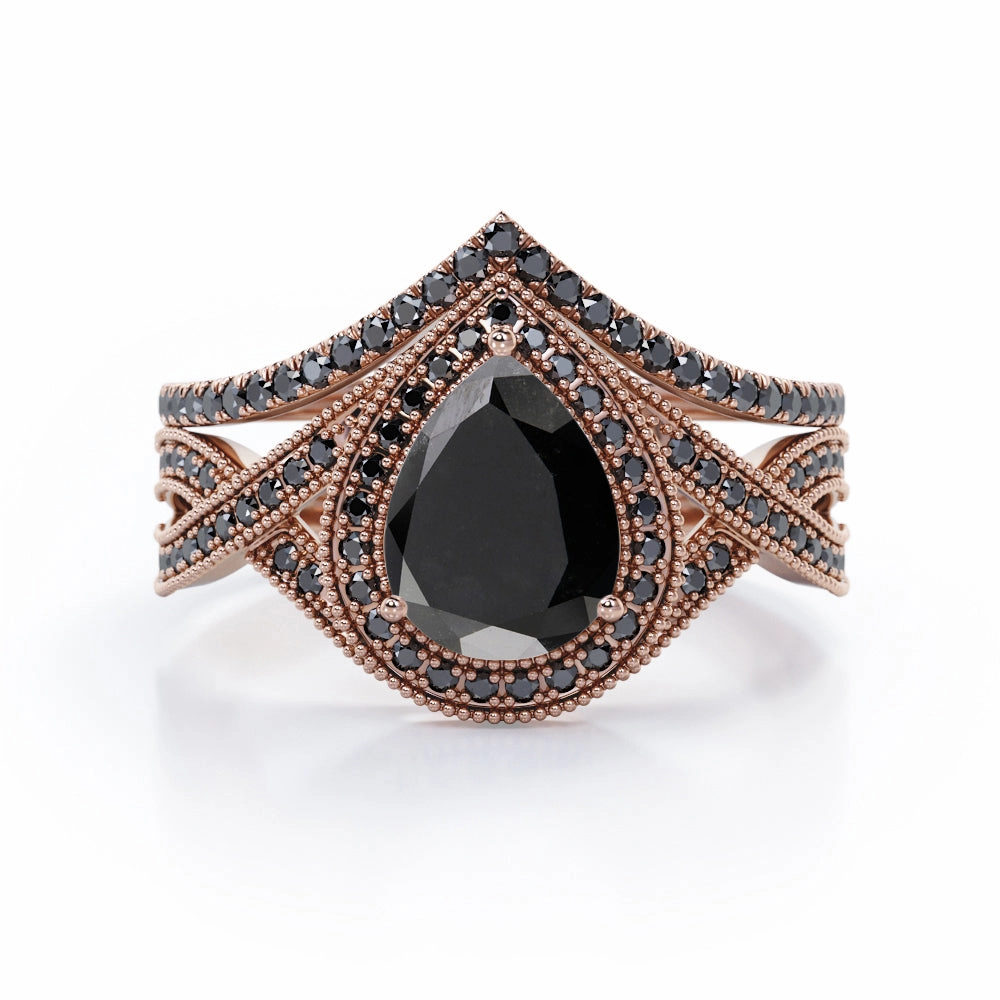 Pioneering Art 1.75 ct Pear Lab Black Diamond Milgrain Halo Wedding Ring Set