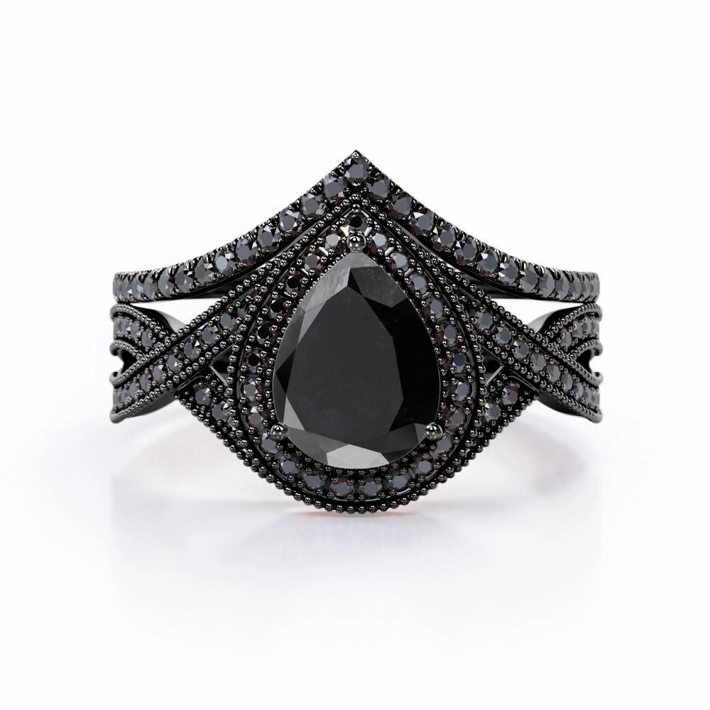 Excellent Look 1.75 ct Pear Lab Black Diamond Milgrain Halo Wedding Ring Set