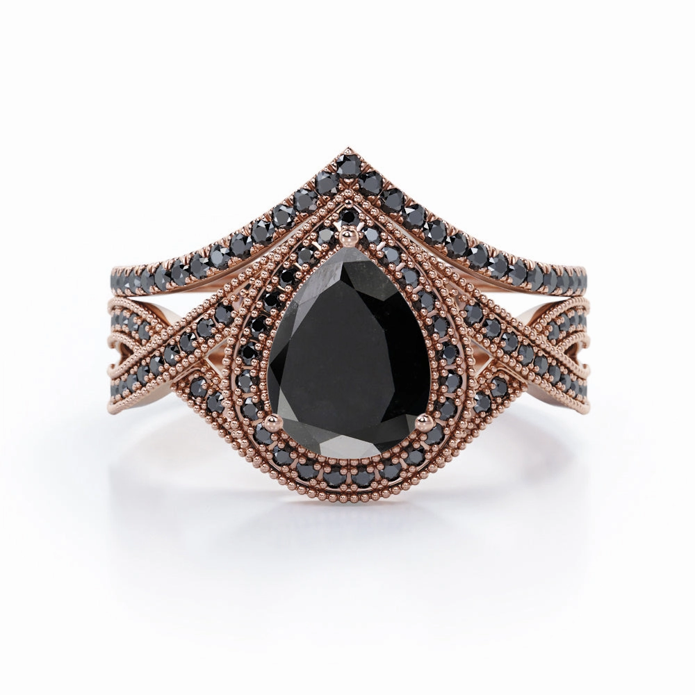 1.75 ct Pear Lab Black Diamond Milgrain Halo Wedding Ring Set Vintage Craft Exclusive Expression