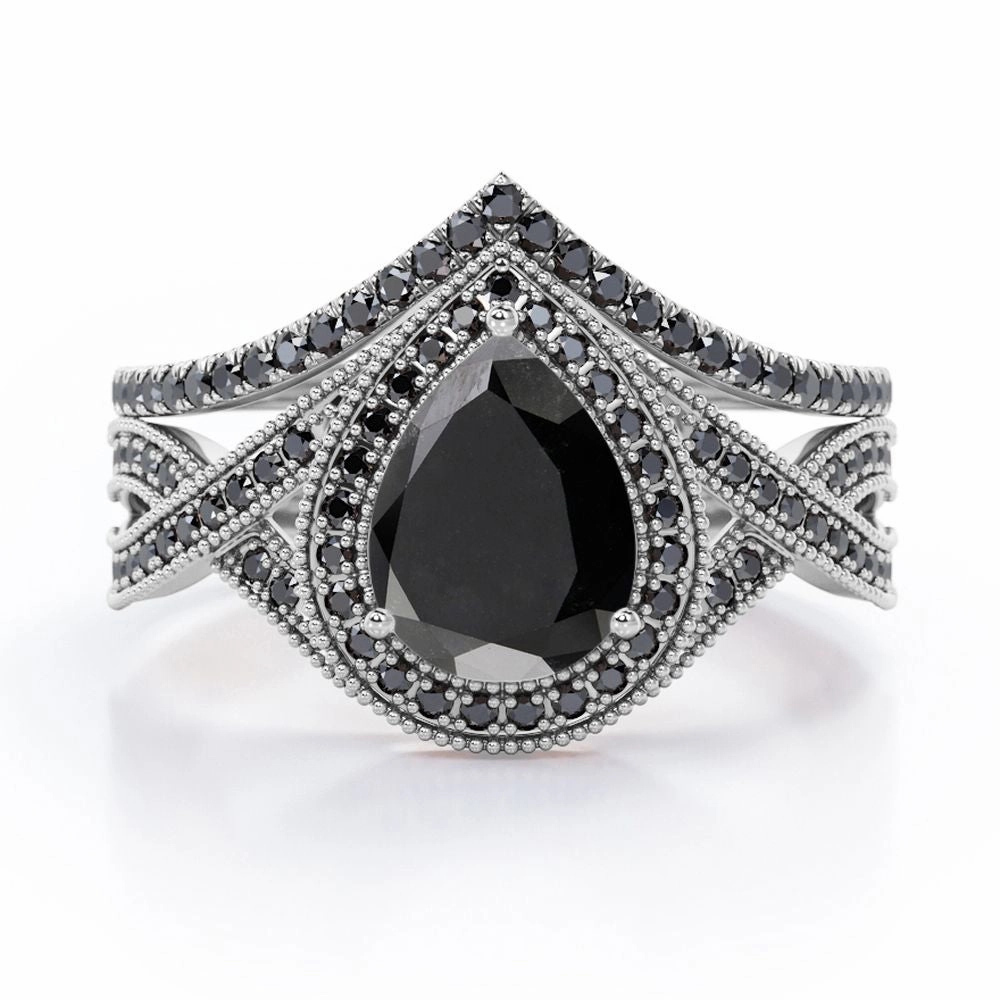 Old World Trend Piece 1.75 ct Pear Lab Black Diamond Milgrain Halo Wedding Ring Set