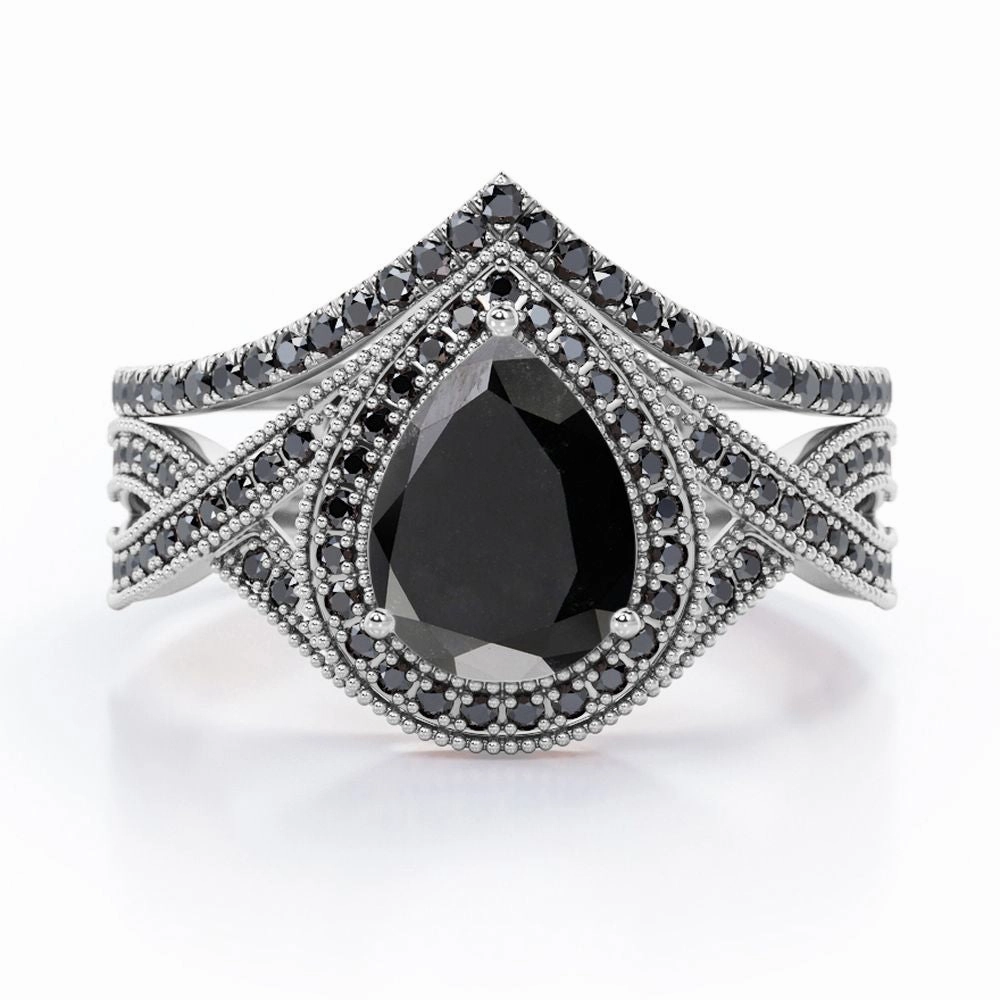 Corrosion resistant Family Celebration 1.75 ct Pear Lab Black Diamond Milgrain Halo Wedding Ring Set