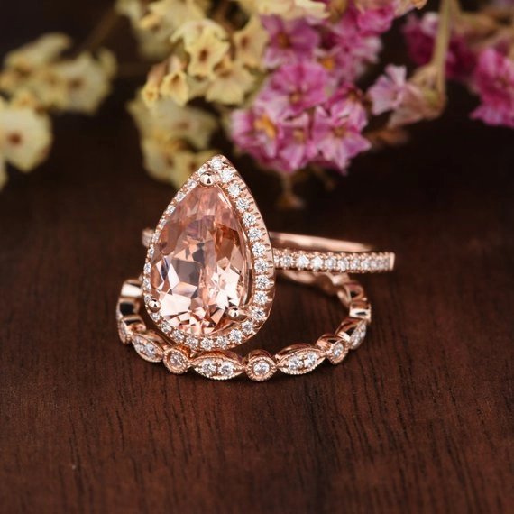 Processed Item 1.75 ct Pear Morganite Halo Art Deco Wedding Ring Set
