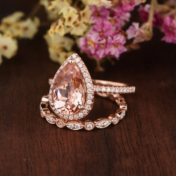 1.75 ct Pear Morganite Halo Art Deco Wedding Ring Set Daily Fashion Delicate Work