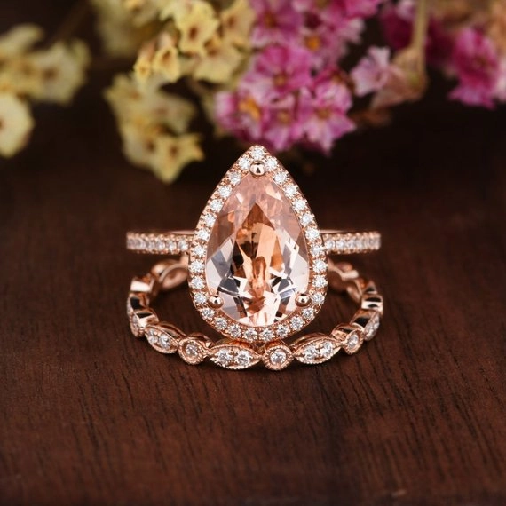 1.75 ct Pear Morganite Halo Art Deco Wedding Ring Set Quality Art Modern Touch