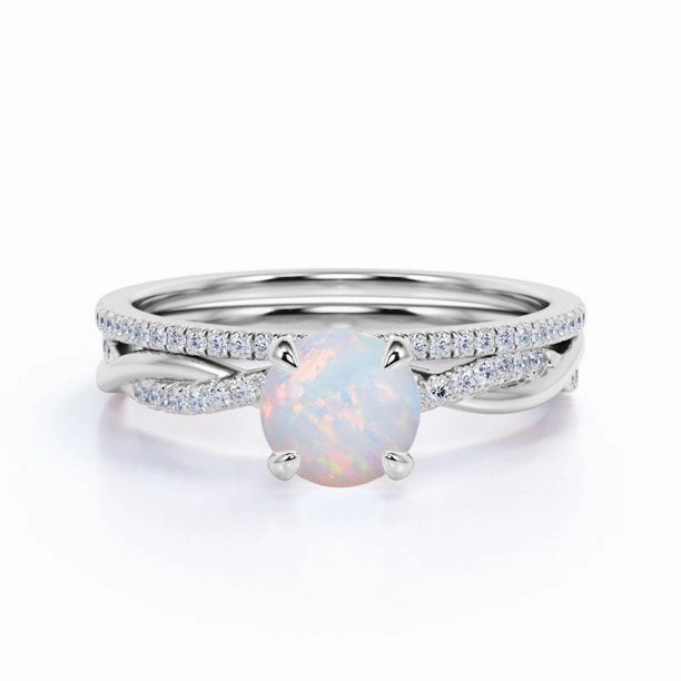 1.75 ct Real Round Opal and Moissanite Bridal Ring Set in 18K White Gold over Silver Classic Token Classic Appearance