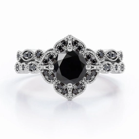 1.75 ct Round Lab Black Diamond Milgrain Floral Bridal Set Holiday Accent