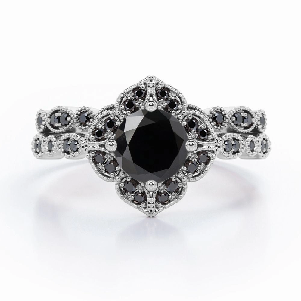 1.75 ct Round Lab Black Diamond Milgrain Floral Bridal Set Universal Fit Glamorous Symbol
