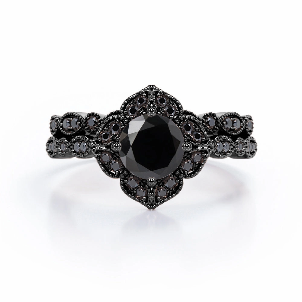 Creative Memento 1.75 ct Round Lab Black Diamond Milgrain Floral Bridal Set